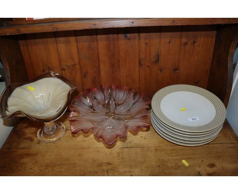 Six Denby intro dinner plates; together with a glass pedestal dish and an Art glass vase