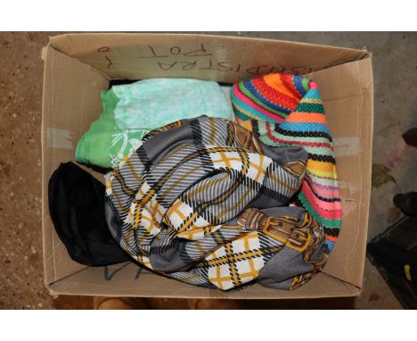 A box of various vintage materials and clothing; to include a Jaeger bag