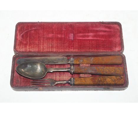 A cased silver and agate handled fork, spoon and knife 