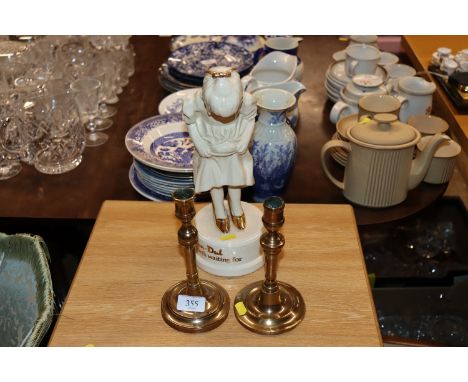 A Van Dal figure together with Trench Art style candlesticks