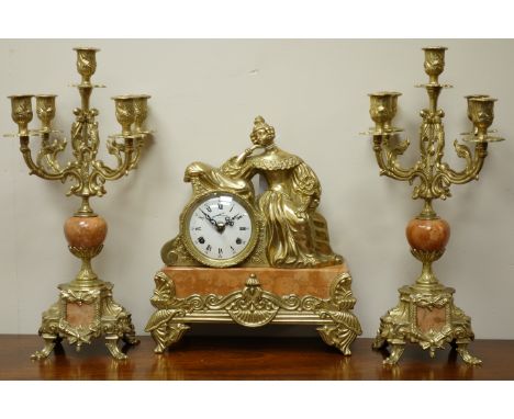 Figural gilt metal and marble clock garniture, enamel dial ting tang movement with floating balance, with key, H33cm, L29cm  