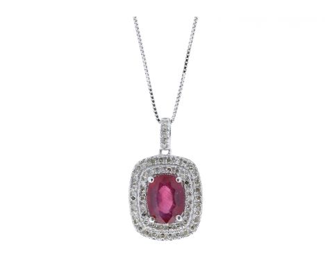 9ct White Gold Oval Ruby And Diamond Cluster Pendant (R1.54) 0.28 Carats - Valued By IDI £2,850.00 - One deep red oval ruby w