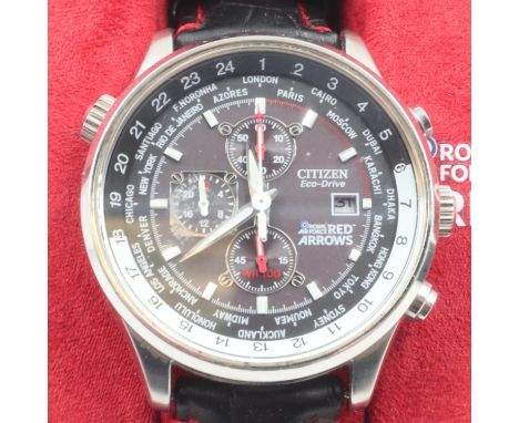 CITIZEN: Eco Drive Red Arrows gents limited edition wristwatch, three subsidiary dials, on leather strap, boxed. UK P&amp;P G