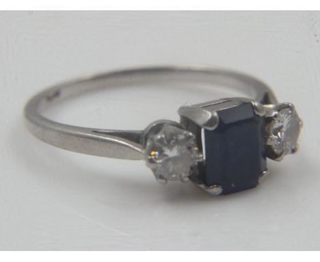 Platinum trilogy ring, set with a sapphire and two diamonds, size N, 3.3g. UK P&amp;P Group 0 (£6+VAT for the first lot and £