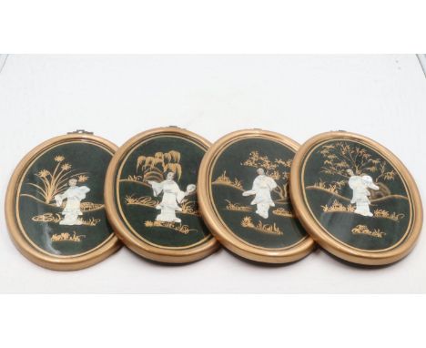 Four Japanese mother of pearl oval plaques. UK P&amp;P Group 2 (£20+VAT for the first lot and £4+VAT for subsequent lots) 