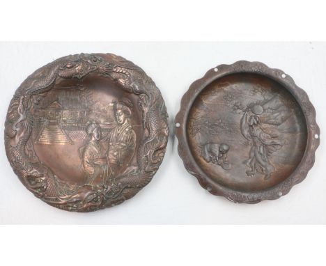 Two Japanese bronze Meiji period plates, largest D: 24 cm. P&amp;P Group 2 (£20+VAT for the first lot and £4+VAT for subseque