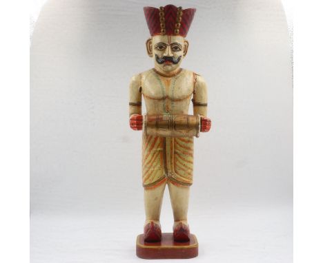 Large carved wooden figure of Oriental gentleman, some slight cracks to arms. H: 63cm. UK P&amp;P Group 2 (£20+VAT for the fi