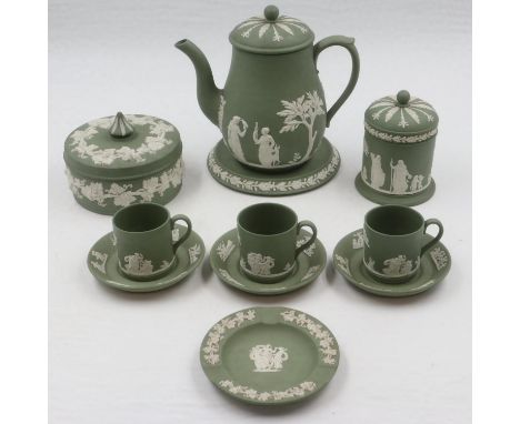 Wedgwood sage green Jasperware including a teapot and stand, no cracks or chips. UK P&amp;P Group 3 (£30+VAT for the first lo