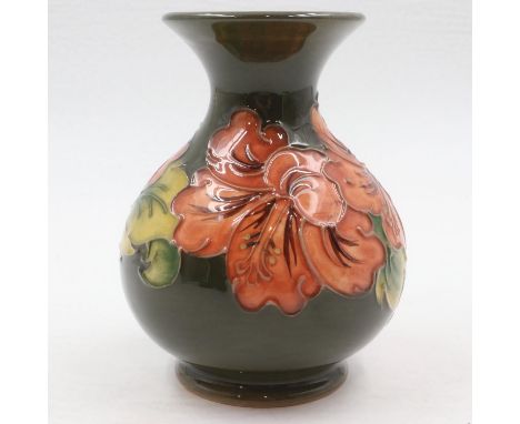 Moorcroft vase in the Green Hibiscus pattern, no cracks or chips, H: 14 cm. UK P&amp;P Group 1 (£16+VAT for the first lot and