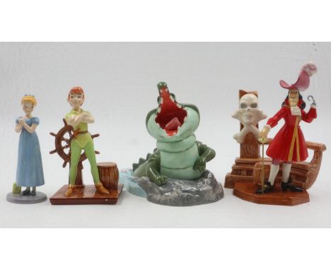 Four Royal Doulton boxed Peter Pan figures, Crocodile, Peter Pan, Wendy and Captain Hook, no cracks or chips, largest H: 18 c