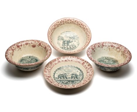 FOUR BOWLS FOR THE BURMESE MARKET, GLASGOW, SCOTLAND, CIRCA 1900 transfer printed pottery, comprising three rice bowls, two i