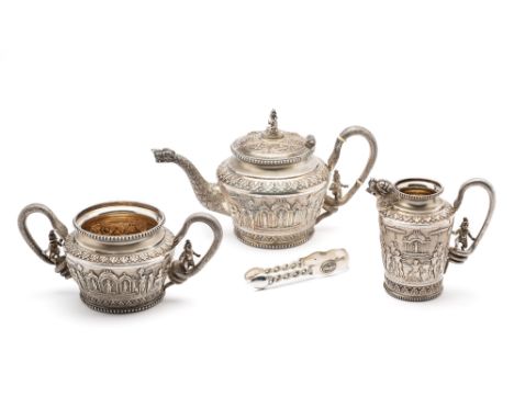 ˜A PARCEL-GILT-SILVER TEA SET, ATTRIBUTED TO P. ORR AND SONS, MADRAS (CHENNAI), INDIA, CIRCA 1905-10 comprising teapot, milk 