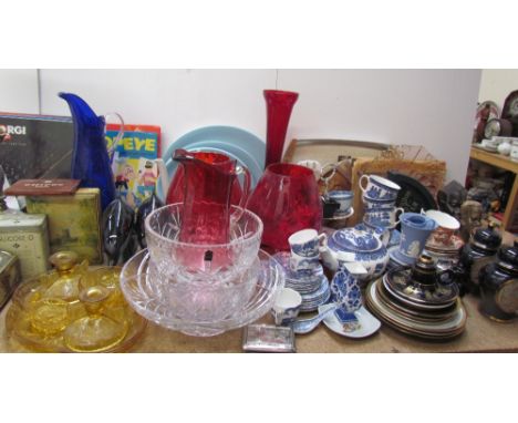 Assorted Poole pottery plates together with glass bowls, Wedgwood jasper wares, childrens annuals, Corgi magazines, Chokin wa