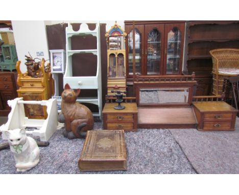 Bryan Gibbons, Cardiff - a pine wall cabinet together with hanging shelves, model cats, model gun, Welsh bible, nut cracker e