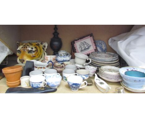 A Sunderland lustre type dish "Flying Cloud Boston" together with a tiger jardiniere, tea cups and saucers, plates, cups etc