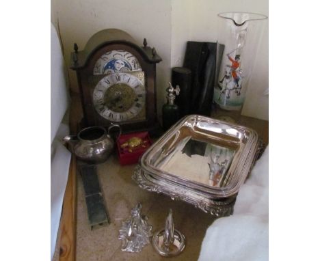 Two electroplated entree dishes and covers together with a mantle clock, glass jug etc