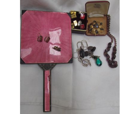 An enamel decorated hand mirror together with rolled gold cufflinks, other links, costume jewellery etc