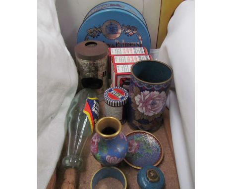 A Huntley and Palmer biscuit tin together with a Wrights Coal Tar Inhaler vaporiser, Beef Suet boxes, cloisonné enamel vases,