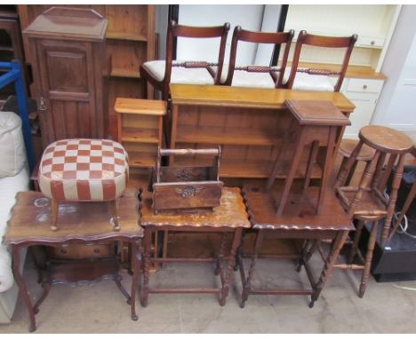 An Edwardian pot cupboard together with a mahogany side cabinet, a pine CD rack, a bookcase, three occasional tables, a foot 