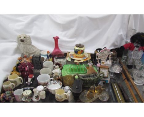 A Clarice Cliff Crocus pattern plate together with Staffordshire type figures, cranberry glass decanter, other glasswares, co