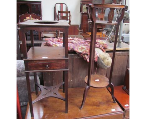 A George III mahogany wash stand, with a recessed top and drawer on square legs, united by a pierced shelf together with a ma