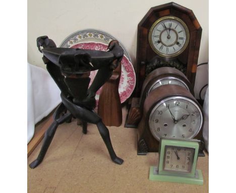 An American walnut mantle clock together with two mid 20th century mantle clocks, carved figures, pottery dishes etc