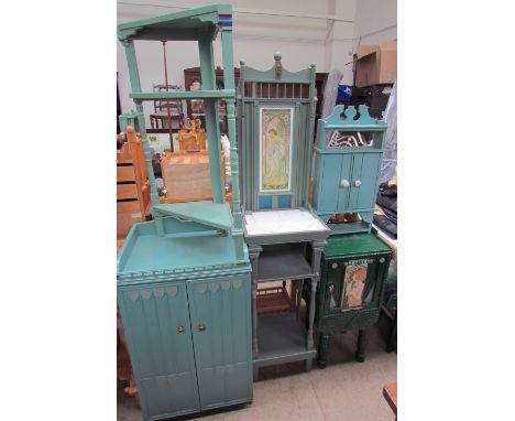 Bryan Gibbons, Cardiff - An Art Nouveau inspired side cabinet with applied panel painted green together with a wall cabinet, 