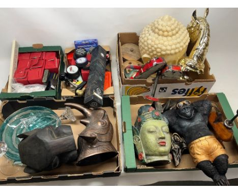 Various modern collectables incl. resin statues, Buddha head lamp, Kevin Francis Face Pots, etc. (5 boxes)