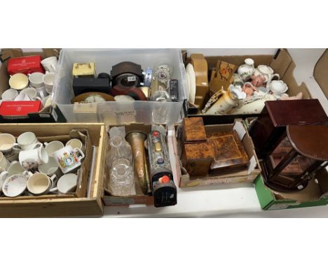 Various collectables incl. clocks, commemorative ceramics, thuya wood boxes, Wade Nat West piggy banks, etc. (7 boxes)