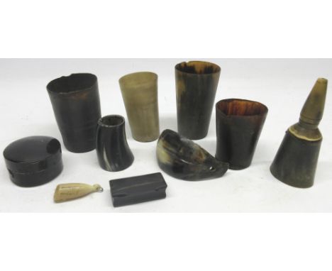 19th century horn snuff box, W6.3cm; lidded horn cylindrical container, D6.5cm four horn beakers and other related items