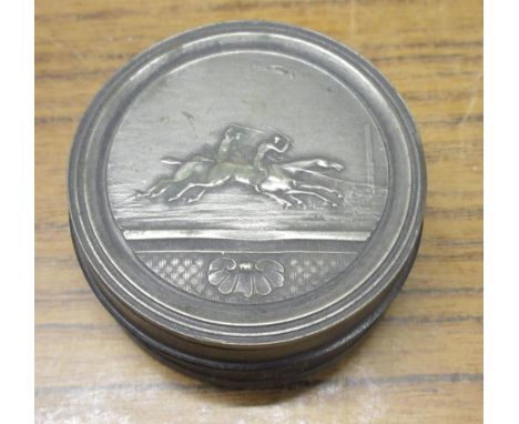 Victorian style horn and metal circular snuff box, inscribed on base 'Emblem 1st Mare to win the Grand National Steeplechase 