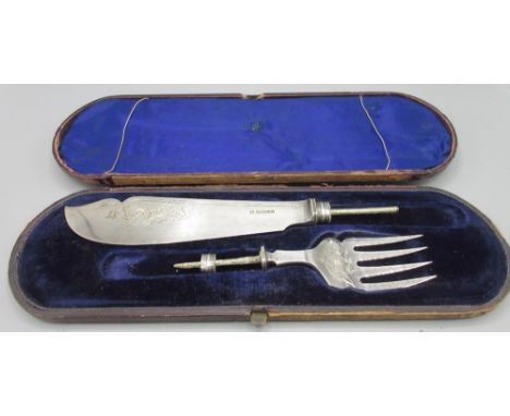 Pair of Victorian silver fish servers, bright cut scrolling and foliate design, previous handles removed, by Henry Wilkinson 