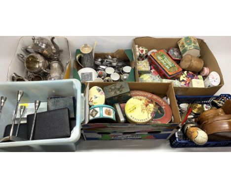 Various metalware incl. silver plate, vintage tins, etc. (6 boxes)