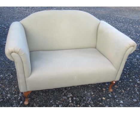 The Chaise Longue Company small green upholstered arched back sofa, on cabriole legs, WS130cm D76cm H90cm