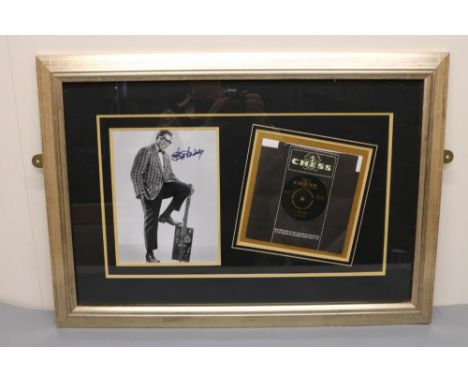 Bo Diddley photograph with facsimile signature, framed with Chess 7" record, 51 x 71cm including frame