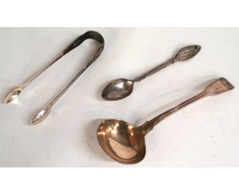 Victorian silver monogrammed ladle in kings pattern by Chawner &amp; Co, London 1844, Victorian silver sugar tongs in kings p