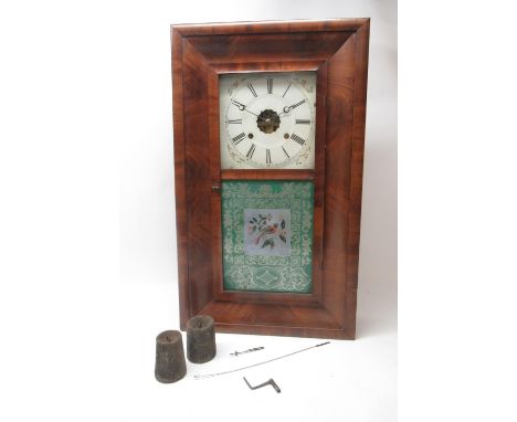 Ansonia Brass Company, 20th Century walnut shelf - wall clock, glazed and painted panel door enclosing 8 1/4" painted Roman d
