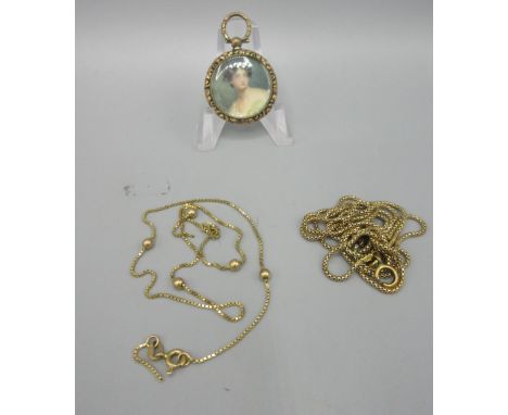 Portrait miniature of a female in yellow metal mount, unmarked, and two 9ct yellow gold chains, both stamped 9ct or 375, 7.8g