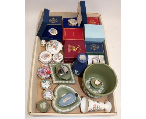 Collection of Halcyon days enamel boxes (10), Halcyon days enamel pocket watch, collection of green and blue jasperware, smal