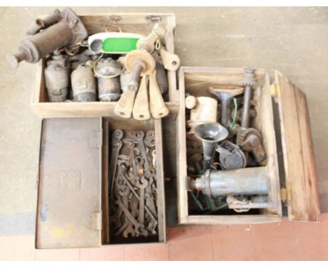 Large collection of vintage car jacks, spanners, alternators, etc.