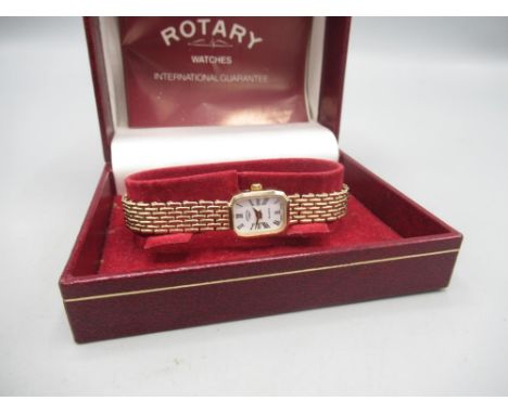 Rotary ladies 9ct gold quartz wristwatch on integrated lozenge link bracelet stamped .375, signed white Roman dial, snap on c