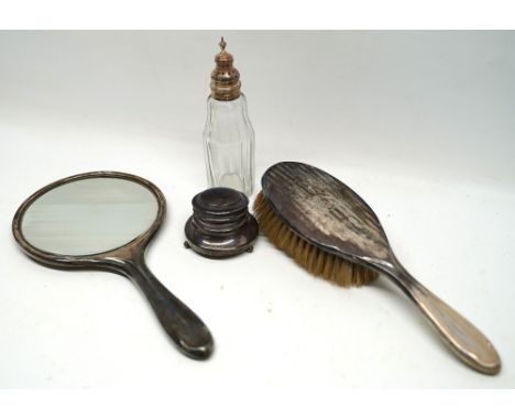 William IV silver mounted glass sugar sifter with urn finial by Henry Chawner, London 1831, The silver mount of an inkwell wi