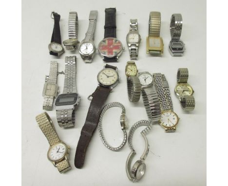 Amdex chrome wristwatch, signed cream Arabic dial, snap on case back, unsigned pin pallet movement, D32.2mm; Timex LCD stainl