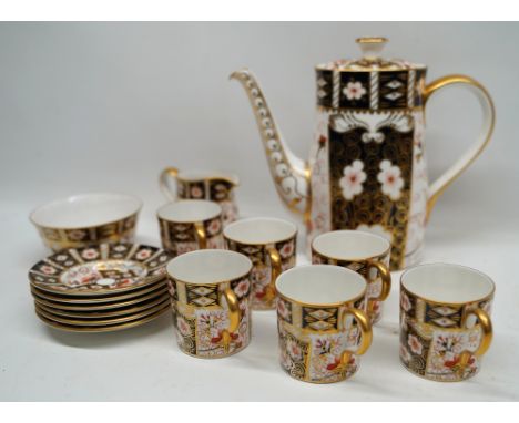 Royal Crown Derby, Imari 2451 pattern coffee set, with coffee pot, coffee cans and saucers, a milk jug and a sugar bowl (15 p