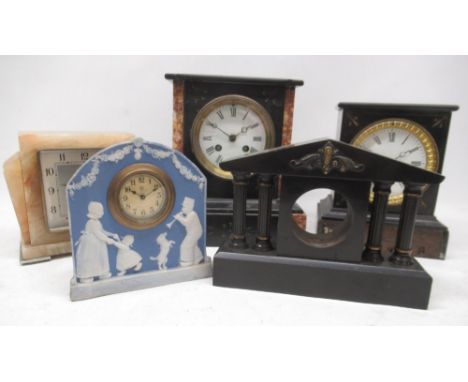 V.R. Paris, 8 day slate and variegated marble mantle clock, 3 1/2" white enamel Roman dial, signed two train count wheel stri