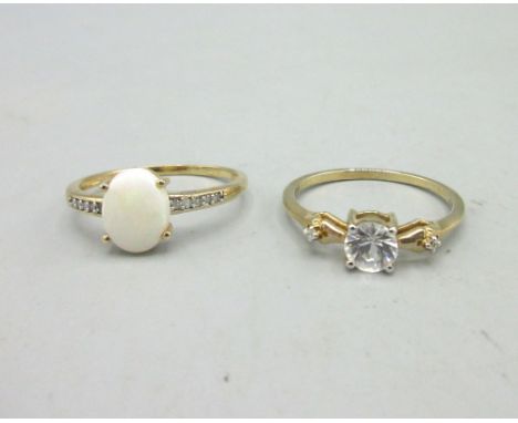 9ct yellow gold ring set with opal and diamond, size S, and another 9ct yellow gold ring set with clear stone, size R1/2, bot