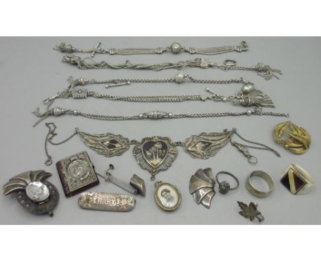 Collection of five white metal Albertina's, carved horn ring, filigree white metal necklace with black enamel design, and a s