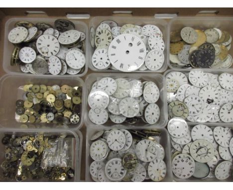 19th and 20th Century pocket watch dials, mostly enamel; some gold coloured metal, white metal, plated, others, main spring b