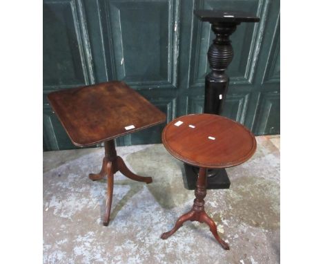 19th century mahogany rectangular top tripod table, Victorian ebonised plant stand and a tripod wine table (3)