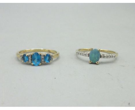 10ct yellow gold blue stone and diamond ring, size S, and a 10ct yellow gold ring set with opal and diamonds, size R1/2, both